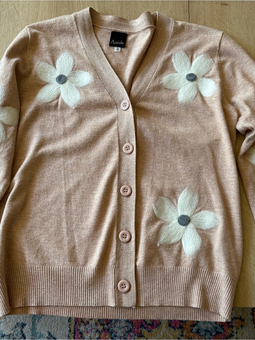 Aaeda Beige Floral V-Neck Button Cardigan